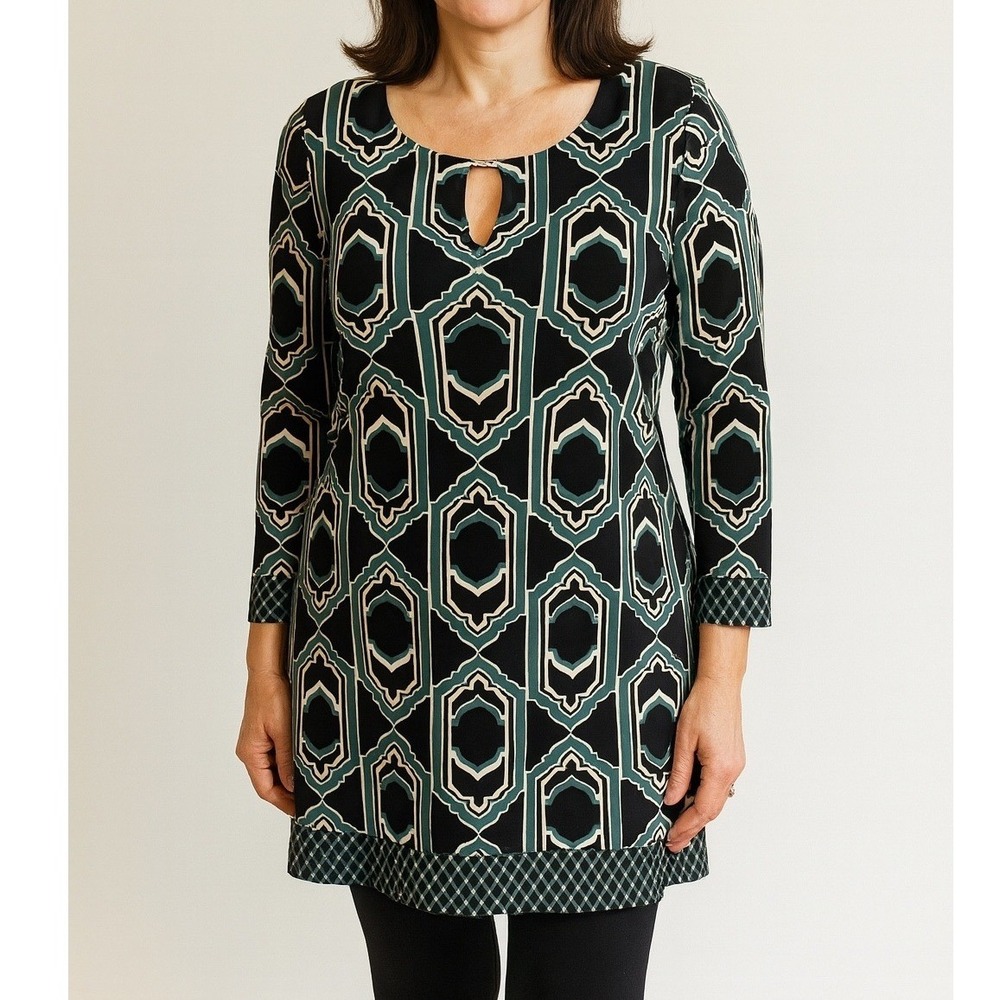 WHBM‎ Teal Black White Geometric Patterned Shift Dress Metal Keyhole Medium